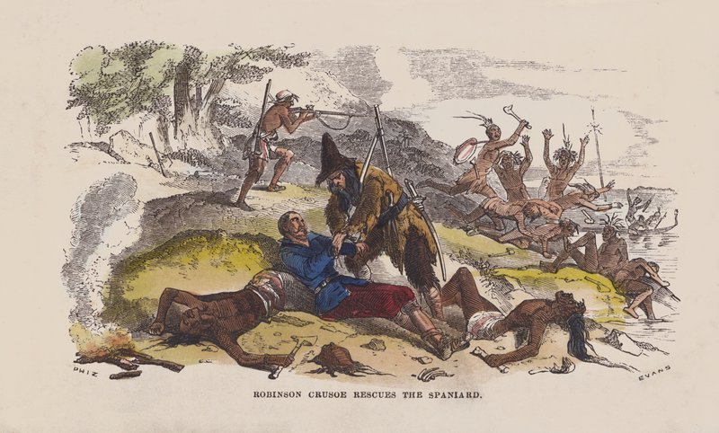 Robinson Crusoe zachraňuje Španěla (barevná rytina) od after Hablot Knight Browne