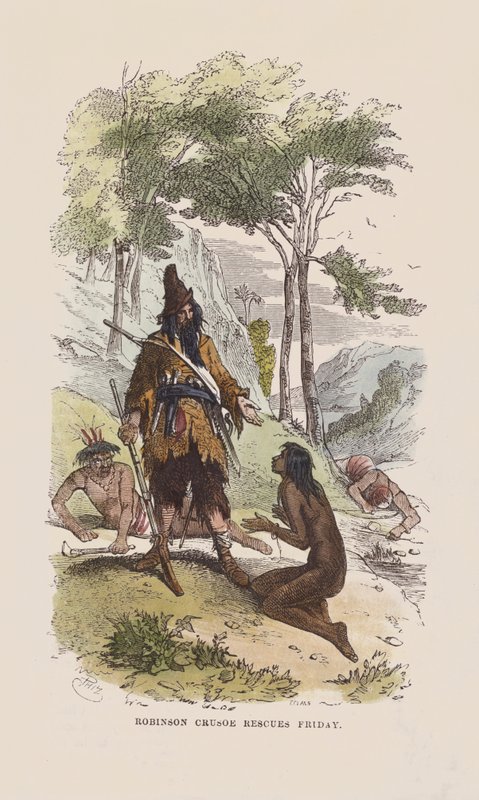 Robinson zachraňuje pátek (barevná rytina) od after Hablot Knight Browne