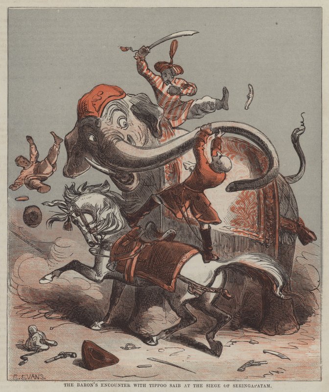 Baronovo setkání s Tippoo Saibem při obléhání Seringapatamu (barva litho) od after Hablot Knight Browne