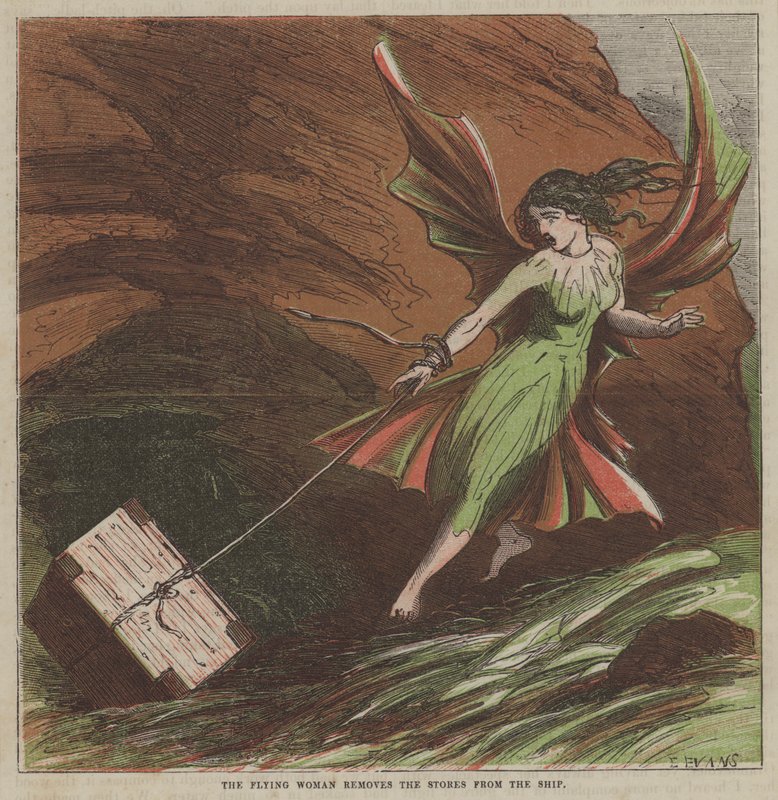 Létající žena odstraňuje zásoby z lodi (barva litho) od after Hablot Knight Browne