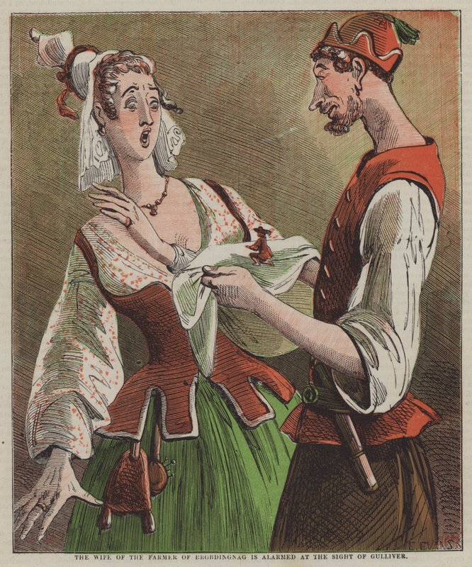 Manželku farmáře z Brobdingnagu vyděsí pohled na Gullivera (barva litho) od after Hablot Knight Browne