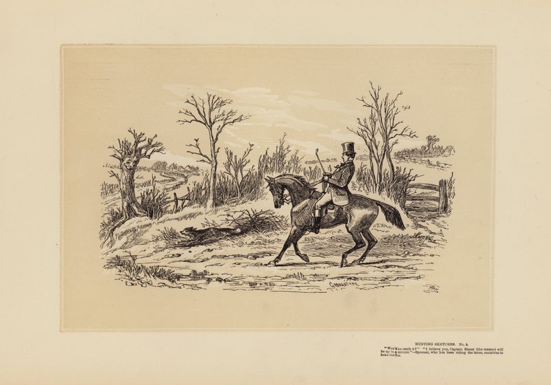 Lovecké skici, č. 4, Muž, který jezdil na dráze (rytina) od Hablot Knight (1815 92) Browne
