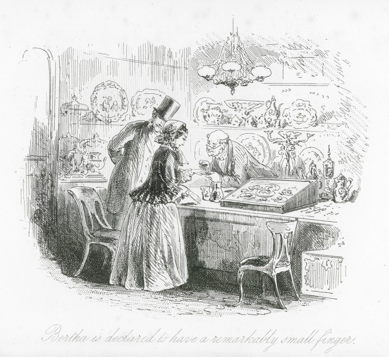Londýnské ulice: Bertha má pozoruhodně malý prst (rytina) od Hablot Knight (1815 92) Browne