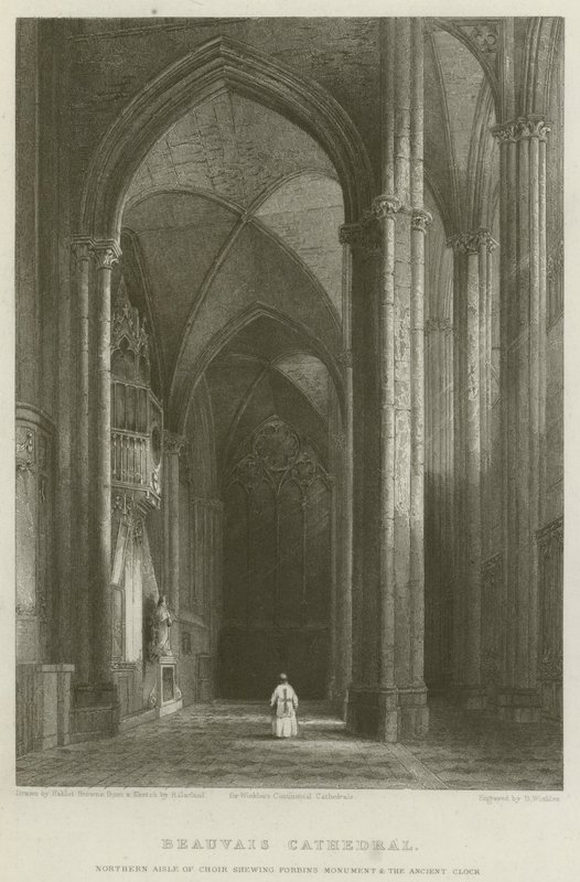 Katedrála v Beauvais, severní ulička chóru s Forbinovým pomníkem a starobylými hodinami od Hablot Knight Browne