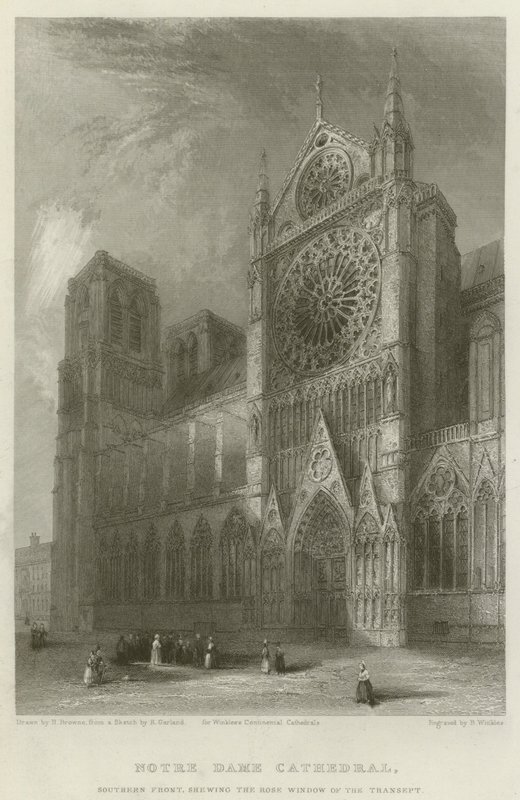 Katedrála Notre Dame, jižní průčelí, na kterém je vidět růžové okno transeptu od Hablot Knight Browne