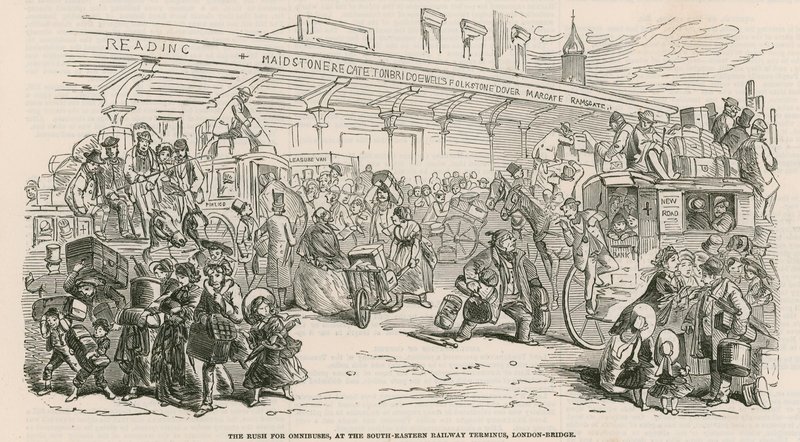 Velká stávka taxíků: Nával omnibusů na jihovýchodním nádraží, London Bridge od Hablot Knight Browne