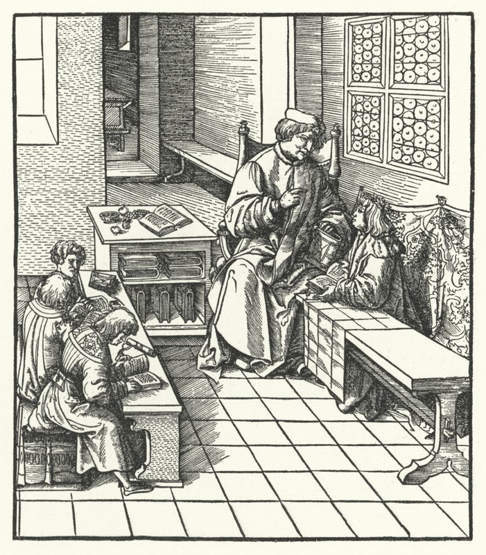 Arcivévoda Maxmilián Rakouský ve škole jako dítě (rytina) od Hans (after) Burgkmair