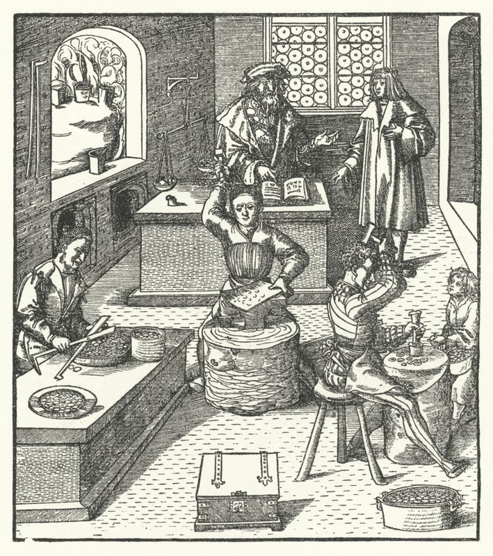 Arcivévoda Maxmilián Rakouský v mincovně (rytina) od Hans (after) Burgkmair