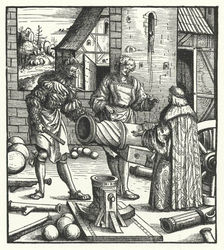 Arcivévoda Maxmilián Rakouský při poradě se zbrojíři (rytina) od Hans (after) Burgkmair