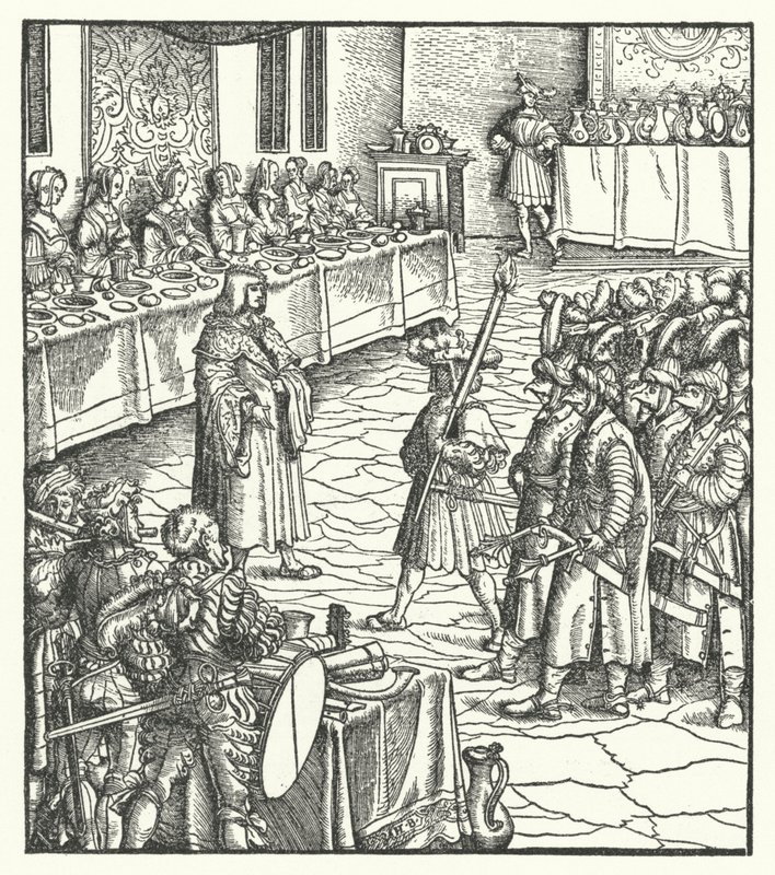 Arcivévoda Maxmilián Rakouský režírující hru mummerů (rytina) od Hans (after) Burgkmair