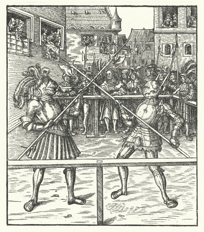 Arcivévoda Maxmilián Rakouský bojující pěšky pomocí halapartny (rytina) od Hans (after) Burgkmair