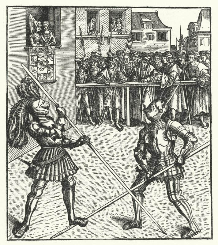 Arcivévoda Maxmilián Rakouský bojující pěšky pomocí kopí (rytina) od Hans (after) Burgkmair
