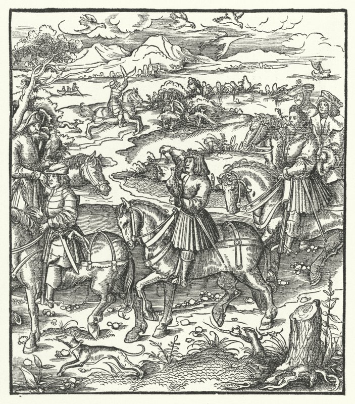 Arcivévoda Maxmilián Rakouský loví volavky (rytina) od Hans (after) Burgkmair