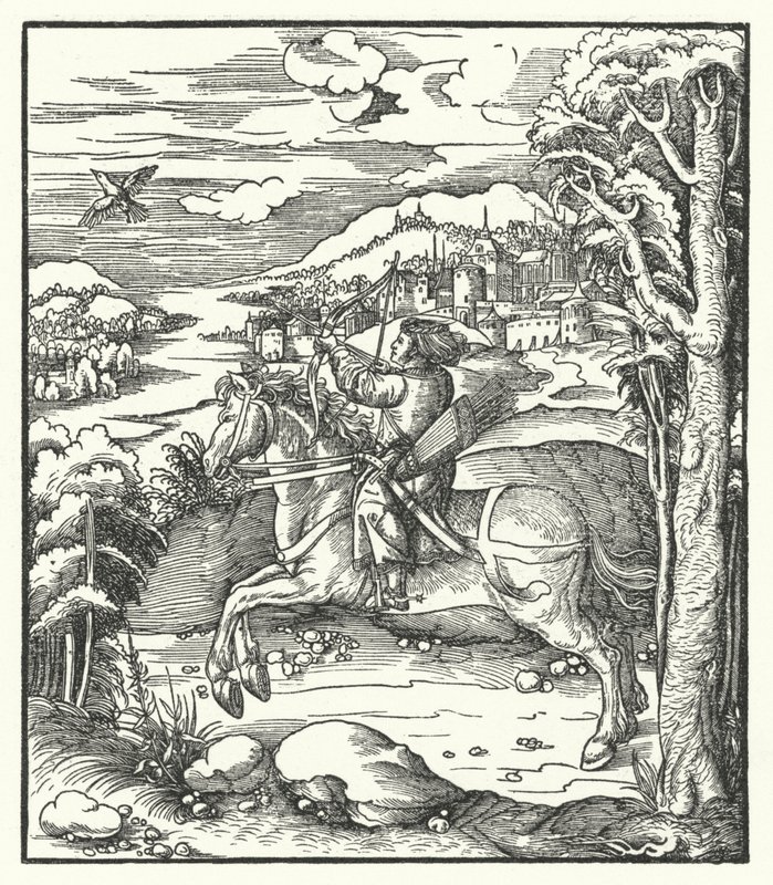 Arcivévoda Maxmilián Rakouský na lovu na koni (rytina) od Hans (after) Burgkmair