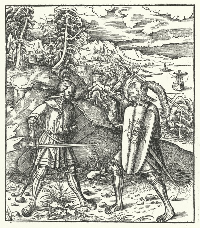 Arcivévoda Maxmilián Rakouský ve zbroji a s mečem v ruce (rytina) od Hans (after) Burgkmair