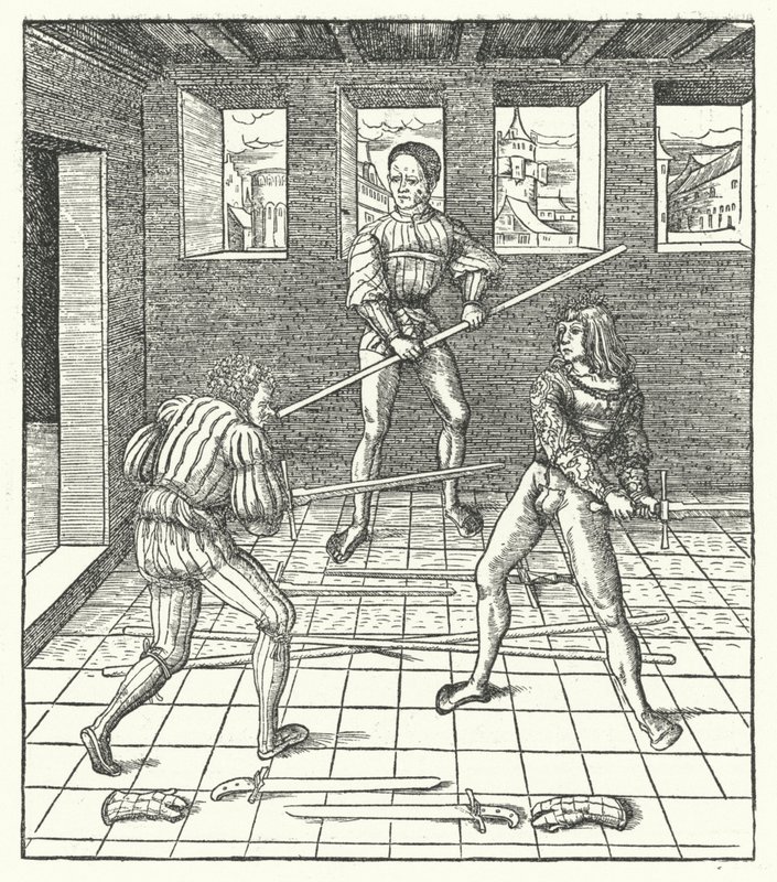 Arcivévoda Maxmilián Rakouský učící se umění šermu (rytina) od Hans (after) Burgkmair
