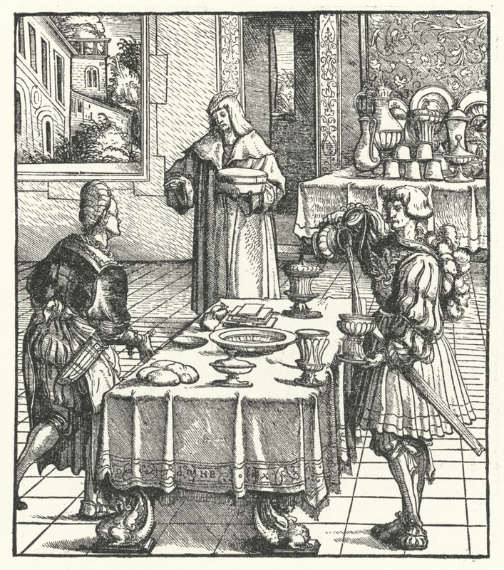 Arcivévoda Maxmilián Rakouský učící se kulinářskému umění (rytina) od Hans (after) Burgkmair