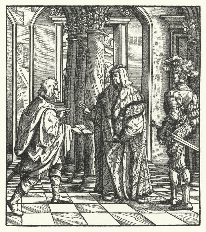 Arcivévoda Maxmilián Rakouský přijímá souhlas Marie Burgundské s návrhem na sňatek (rytina) od Hans (after) Burgkmair