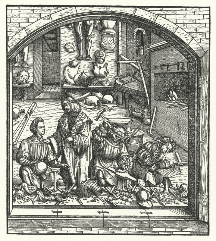Arcivévoda Maxmilián Rakouský na návštěvě u zbrojíře (rytina) od Hans (after) Burgkmair