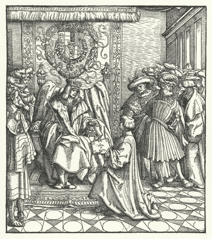 Věnování knihy císaři Svaté říše římské Maxmiliánovi I. (rytina) od Hans (after) Burgkmair