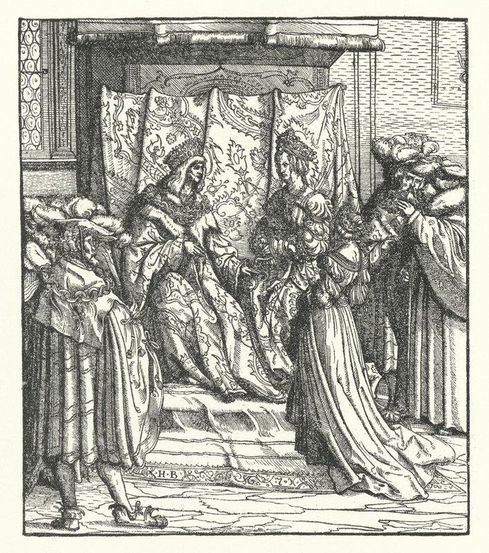Eleonora Portugalská přijímající nabídku k sňatku Fridricha Rakouského, krále Římanů (rytina) od Hans (after) Burgkmair