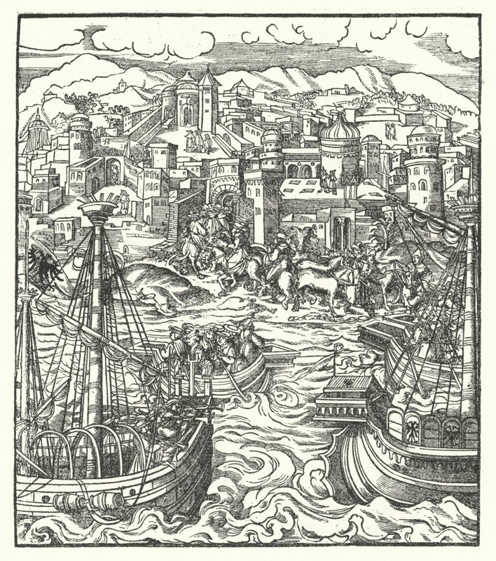 Frederick III, císař Svaté říše římské, přijíždějící do Říma se svou nevěstou, Eleonorou Portugalskou od Hans (after) Burgkmair