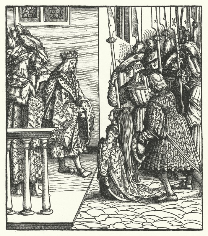 Markéta Rakouská, dcera arcivévody Maxmiliána Rakouského, předána do poručnictví francouzského krále Ludvíka XI. od Hans (after) Burgkmair
