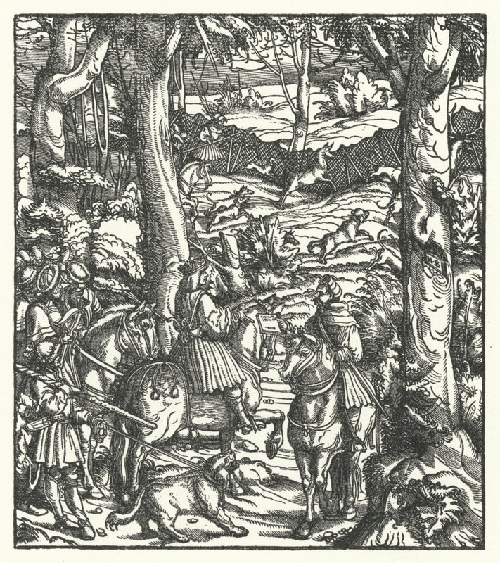 Maxmilián I., král Římanů, přijímá zprávu při lovu (rytina) od Hans (after) Burgkmair