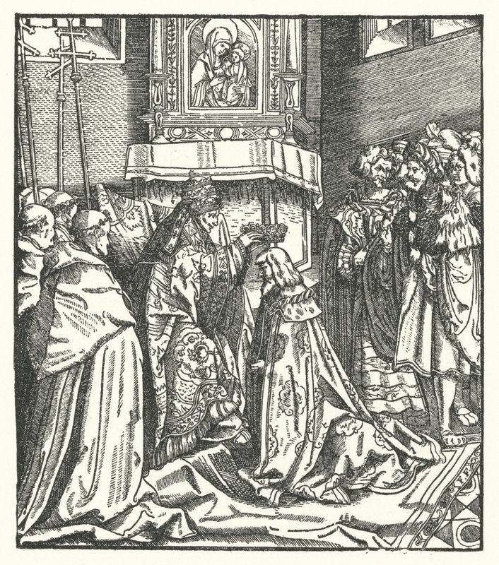 Papež Mikuláš V. korunující Fridricha III císařem Svaté říše římské v Římě od Hans (after) Burgkmair