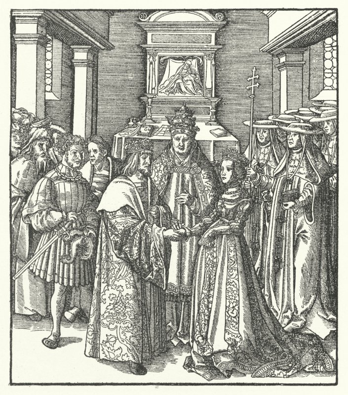 Papež Nicholas V předsedající sňatku císaře Svaté říše římské Fridricha III. a Eleonory Portugalské v Římě od Hans (after) Burgkmair