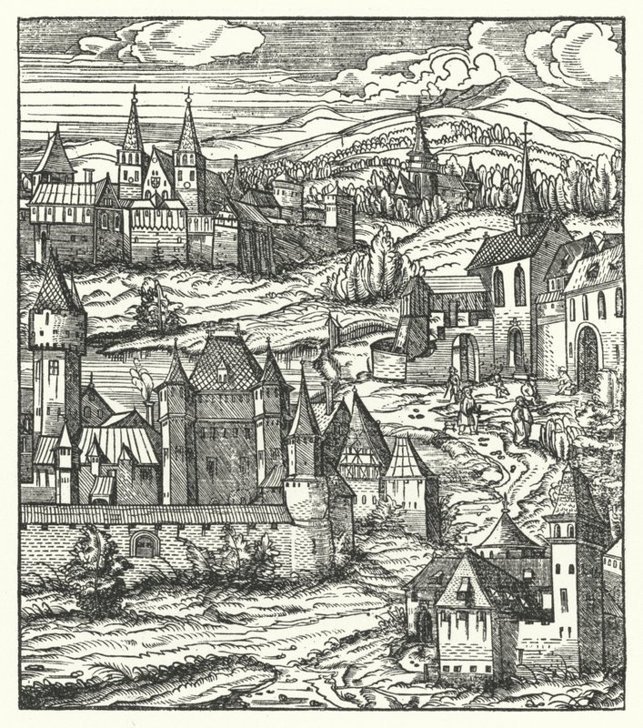 Wiener Neustadt, Rakousko, rodiště Maxmiliána I., císaře Svaté říše římské (rytina) od Hans (after) Burgkmair