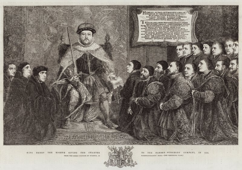 Král Jindřich Osmý dává v roce 1541 chartu Společnosti holičů a chirurgů od Hans Holbein der Jüngere