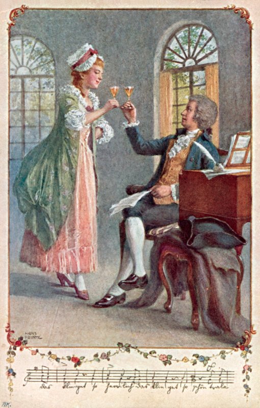Mozart pracuje na své opeře „Kouzelná flétna“ v divadle ve vídeňské čtvrti Wieden (barevné lito) od Hans Printz