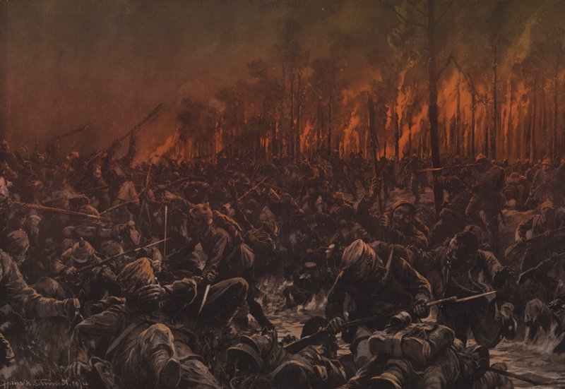 Noční útok na britské pozice na Yser (barva litho) od Hans W. (after) Schmidt