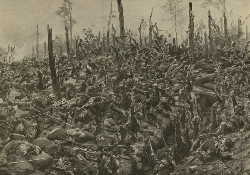 Německý útok na francouzské sruby a zákopy v Bois-le-Pretre po dělostřeleckém bombardování 5. července 1915 (litho) od Hans W. (after) Schmidt