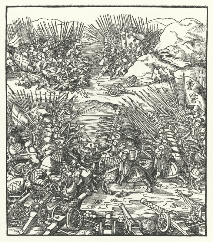 Bitva mezi francouzskou a benátskou armádou během války Ligy Cambrai, 1509 od Hans after Burgkmair