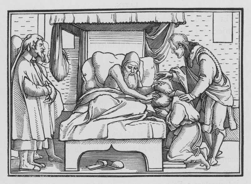 Jacob Blesseth Joseph a jeho dva synové, Genesis XLVIII, 14 od Hans after Holbein the Younger