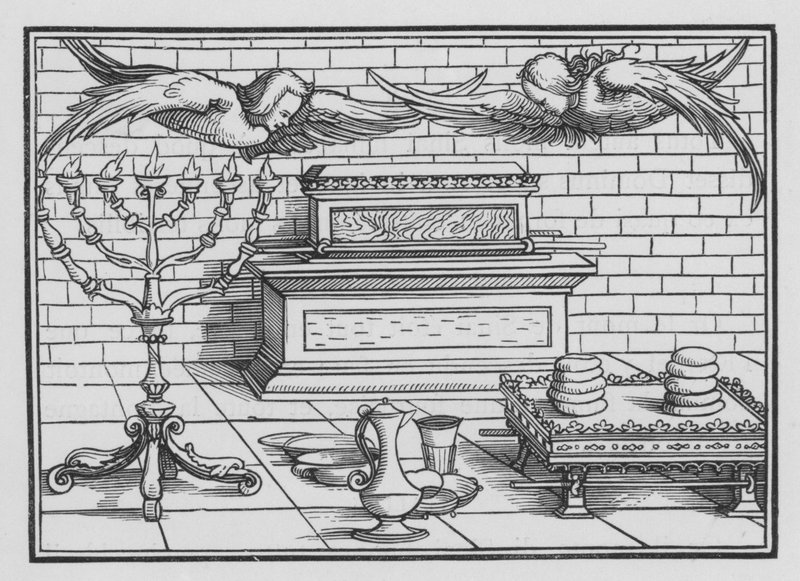 Archa, slitovnice, cherubíni, stůl a svícen, Exodus XXV, 21, 22 od Hans after Holbein the Younger