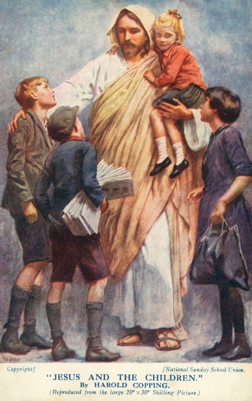 Ježíš a děti (barevná litografie) od Harold Copping