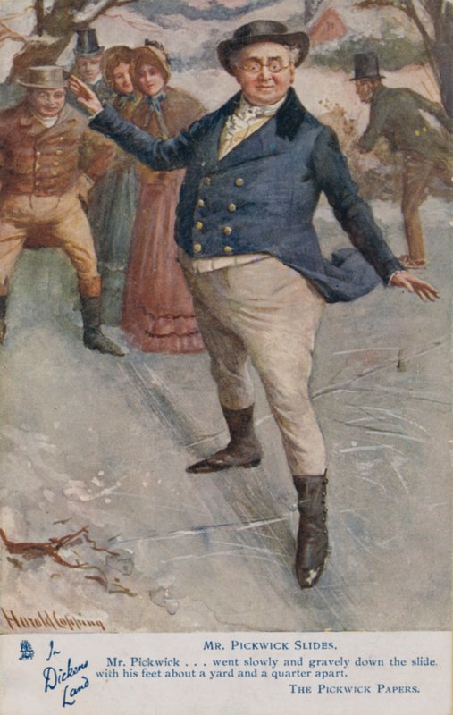 Pan Pickwick klouže po ledu, scéna z románu Charlese Dickense The Pickwick Papers (barevné lito) od Harold Copping