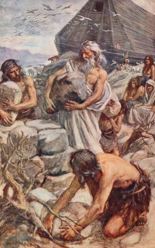 Starý zákon: Noe staví svůj oltář (barevná litografie) od Harold Copping