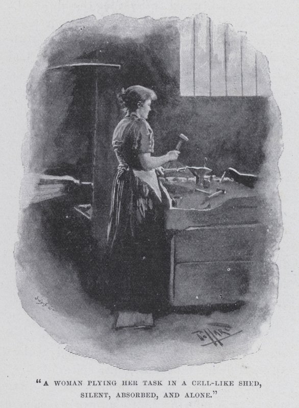 "Žena plnící svůj úkol v kůlně podobné cele, tichá, pohlcená a sama" (černobílá fotografie) od Harold Hume Piffard