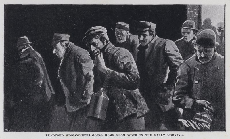 Bradford Woolcombers jde domů z práce brzy ráno (černobílá fotografie) od Harold Hume Piffard