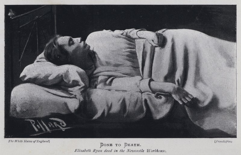 Done to Death, Elizabeth Ryan mrtvá v Newcastle Workhouse (č/b foto) od Harold Hume Piffard