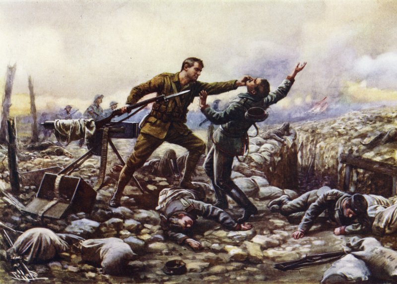 Vojín J Boyd z irských gard, zajímající jednoruční německý kulomet, první světová válka od Harold Hume Piffard