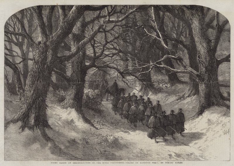 Noční pochod o Vánocích – příliv střeleckých dobrovolníků, 1. pušky Surrey od Harrison William Weir
