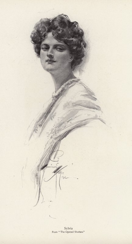 Postava, Sylvia, z románu The Opened Shutters od Clary Louise Burnham (litho) od Harrison Fisher