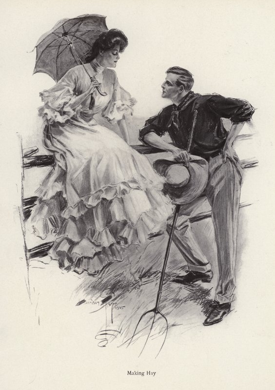Farmář se zastaví ve své práci, aby flirtoval s mladou ženou (litho) od Harrison Fisher