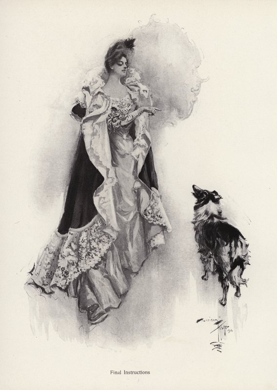 Mladá žena, která jde na večer ven a přikazuje svému psovi, aby poslouchal pokyny (litho) od Harrison Fisher