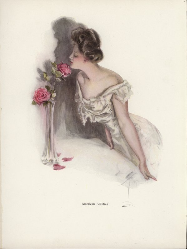 Americká žena vonící růžové růže ve váze (barva litho) od Harrison Fisher
